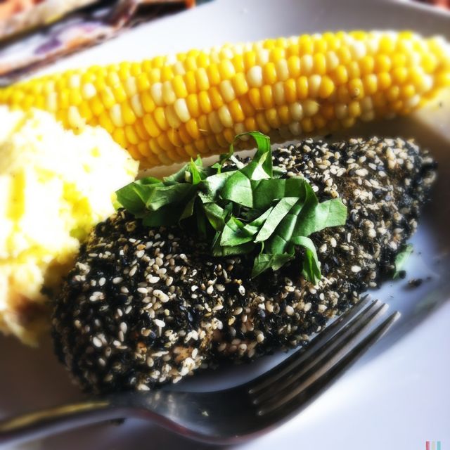 sesame oolong crusted chicken with sweet corn